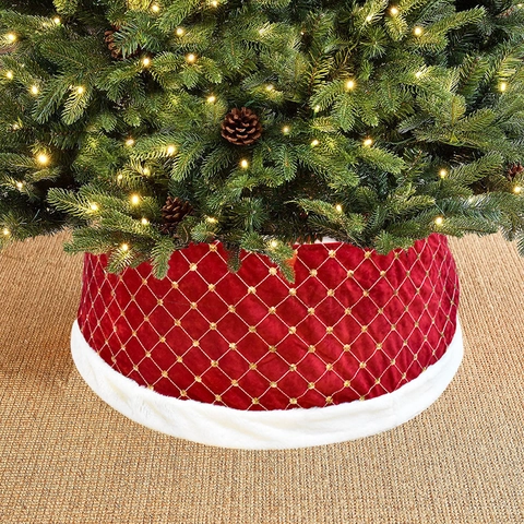 Luxe Rode Fluwelen Kerstboom Kraag Met Pailletten Geborduurd Ruitpatroon Boomrok Witte Pluche Rand Decoratie