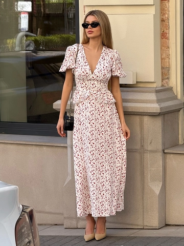 Floral Maxi Dress V Neck Puff Sleeve Peplum Waist Side Slit Summer Vacation French Style Women Polyester