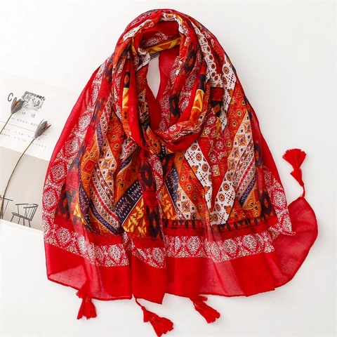 Sciarpa Boho Etnica Rossa Vintage Donna Poliestere Voile Leggero Scialle Protezione Solare Con Nappe Geometrico