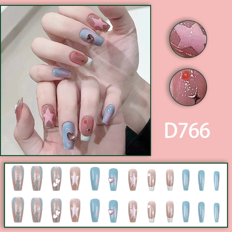Long Coffin Press On Nails ABS Resin With 3D Heart Rhinestone Star Pattern Pink Blue Gradient Sweet Style