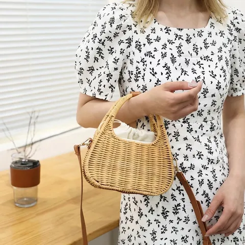 Sac Bandoulière En Paille Tressée Avec Poignée En Cuir Et Poche Intérieure À Cordon Style Vacances Pour Femmes