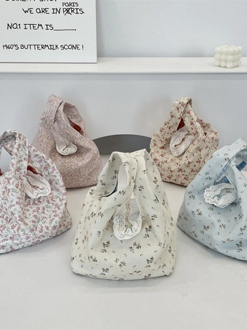 Borsa In Tela Floreale Con Bordo In Pizzo Manico A Nodo Stile Coreano Borsa Da Polso Per Donne Casual