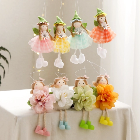 Flower Fairy Angel Doll Fabric Mesh Hanging Ornament Spring Easter Party Home Decor Handmade Cute Cartoon Gift For Kids