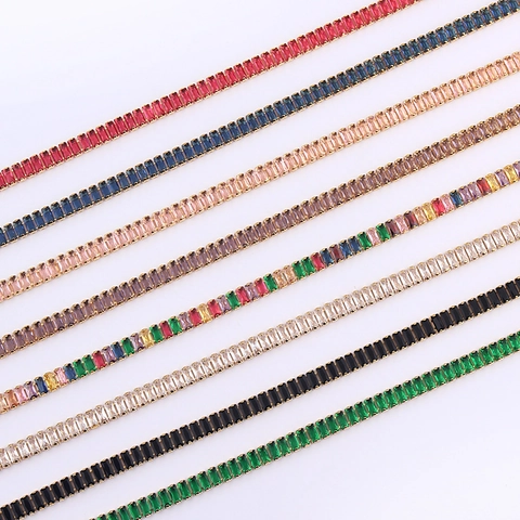 Collana Tennis In Zirconi Taglio Baguette Rame Placcato Oro 18K Choker Elegante Arcobaleno Accessorio Gioielli Donna