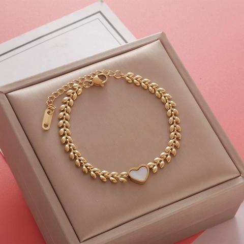 Edelstahl Herz Armband Vergoldet Blatt Weizenkette Weißer Muschel Inlay Verstellbarer Schmuck Für Damen