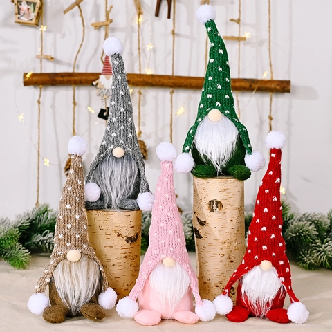 Christmas Gnome Ornament Faceless Doll Knitted Hat Heart Pattern Faux Fur Whiskers Nordic Forest Tomte Desktop Decor