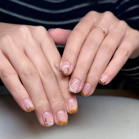 Short Press On Nails Cute Cartoon Cat Pattern Nude Pink Daily Manicure Fashionable For Women A903