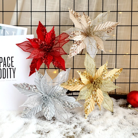 Artificial Christmas Poinsettia Flowers Sequin Mesh Fabric Xmas Tree Ornaments Glitter Handmade Floral For Home Party Decor