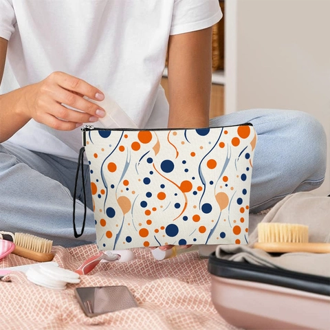 Borsa Da Trucco Con Stampa Geometrica Astratta In Lino Fine Con Cerniera E Cinturino Da Polso Da Donna Organizer