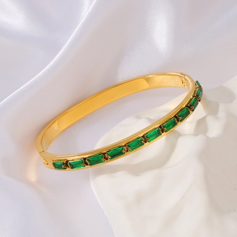 Bracelet Jonc Élégant En Acier Inoxydable Plqué Or Avec Zircon Rectangulaire Vert Émeraude Blanc Pour Femmes Bijoux Minimalistes Luxe