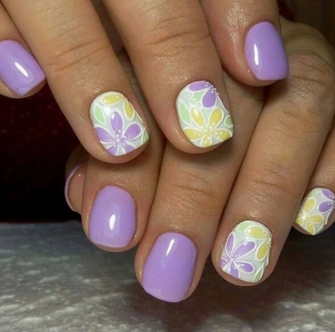 Purple White Flower Press On Nails Square Round Shape Removable Sweet Style Artificial Fake Nails For Women