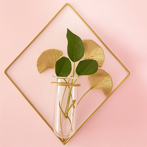 Wall Mounted Hydroponic Flower Vase Gold Metal Iron Ginkgo Leaf Glass Tube Plant Holder Nordic Home Decor