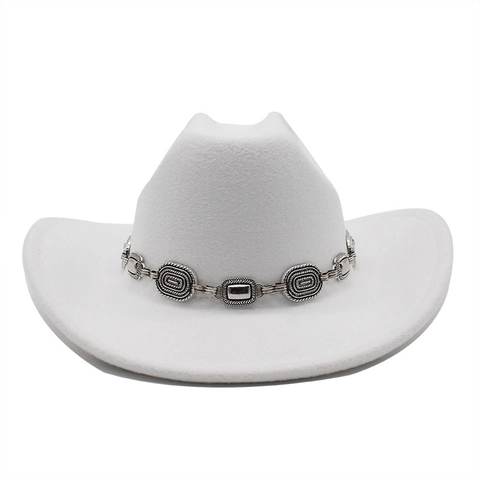 Western Cowboy Hat Wool Felt Jazz Fedora With Vintage Metal Chain Decoration Retro Wide Brim Outdoor For Men Women