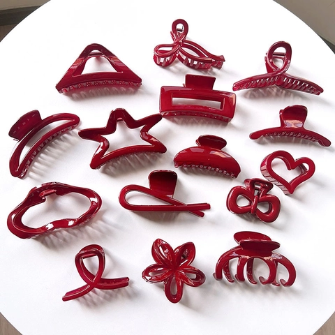 Retro Deep Red Hair Claw Clips Glossy Resin Geometric Shark Clip Versatile Elegant Hair Accessories For Women