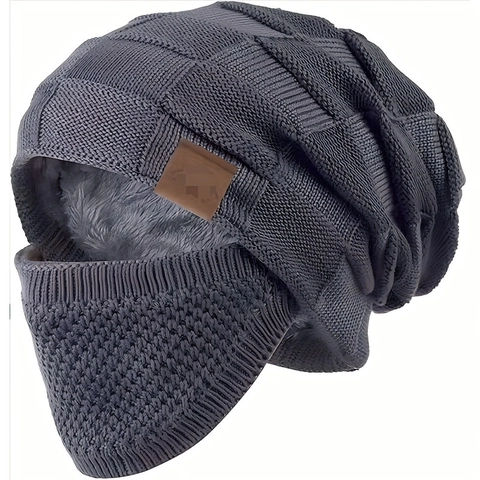 Berretto In Maglia Invernale E Maschera Facciale Balaclava Foderato In Pile Caldo Antivento A Quadri Per Uomo Donna
