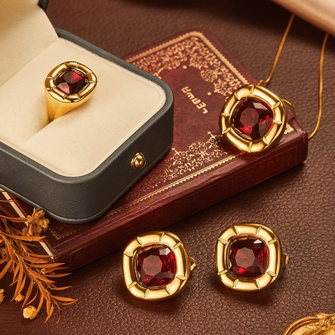 Rounded Square Zircon Jewelry Vintage 18K Gold Plated 316L Stainless Steel Geometric Necklace Ring Earrings For Women