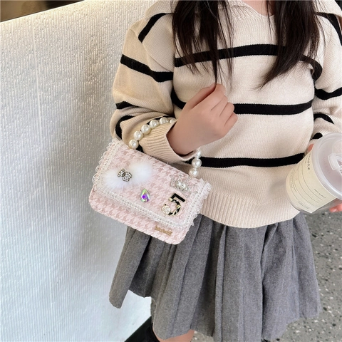 Borsa A Tracolla Mini In Tweed Per Ragazze Con Manico In Künstliche Perle Fiocco Carino Motivo Camelia Borsa A Mano Moda