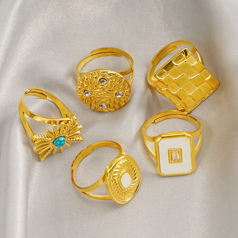 Adjustable Open Rings 18K Gold Plated Stainless Steel Vintage Geometric Hollow Out With Turquoise Shell Zircon For Women