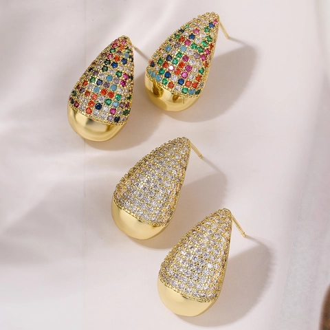 Pendientes De Gota De Cobre Chapado En Oro Con Circonita Cúbica Colorida Micro Pavé Joyería De Moda Para Mujeres