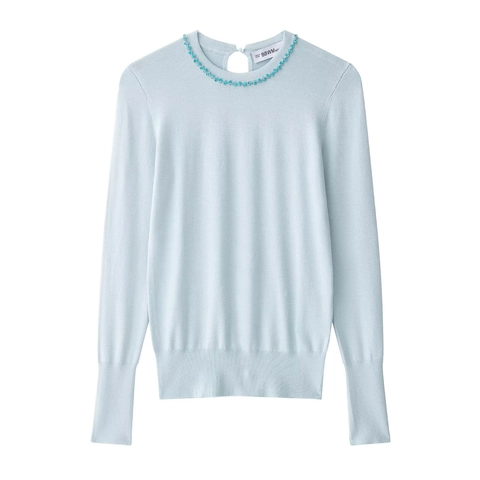 Beaded Collar Knit Sweater Top Long Sleeve Keyhole Back Solid Pullover Elegant Women Clothing