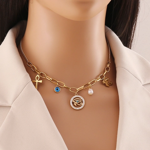 Collana In Acciaio Inossidabile Malocchio Occhio Di Horus Croce Ankh Pendente Catena Clavicola Gioielli Egiziani Personalizzati
