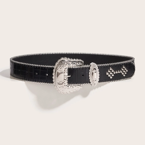 Western Cowboy Belt PU Leather Crocodile Pattern Rhinestone Studded Vintage Carved Buckle Punk Y2K Gothic Waistband