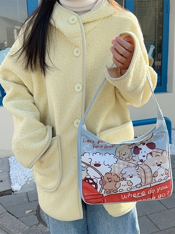 Borsa Tote In Tela Con Stampa Orso Cane Cartone Animato Grande Capacità Borsa A Spalla Casual Per Donne Studentesse