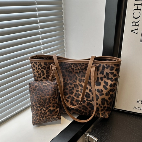 Women Leopard Print Tote Bag PU Leather Large Capacity Shoulder Handbag And Small Zipper Pouch Vintage Fashion