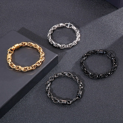 Pulsera De Cadena Para Hombre Acero Inoxidable Punk Retro Eslabón Cuadrado Doble Hebilla Joyería Hip Hop