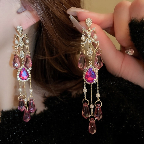Vintage Court Style Legering Kunstmatig Kristal Kwastje Oorbellen Met Zilveren Oorbelsteker Strass Kunstparel Voor Vrouwen
