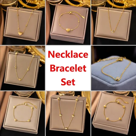 Stainless Steel Necklace And Bracelet 18K Gold Plated Heart Artificial Pearl Gemstone Zirconia Elegant Fashion Accessory For Women