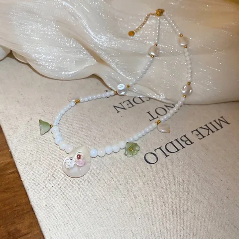 Stainless Steel Beaded Necklace Shell Flower Pendant Summer Beach Vacation Sweet Jewelry For Women