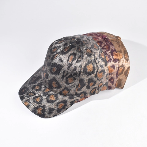 Metallic Luipaardprint Honkbalpet Goud Gestempeld Polyester Verstelbare Gesp Gebogen Rand Unisex Trendy Mode Hoed