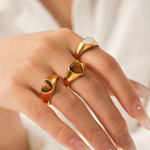 Anello In Acciaio Inossidabile Placcato Oro 18K Vintage Cuore Goccia Occhio Di Tigre E Madreperla Retro Francese Per Donne