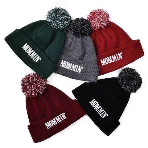 Knitted Beanie Hat Acrylic Pom Pom Embroidered Letters Winter Warm Cuff Ribbed Skull Cap For Women Men