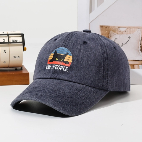 Washed Cotton Baseball Cap Vintage Cat Graphic Ew People Slogan Adjustable Sun Hat For Men Women Casual Outdoor