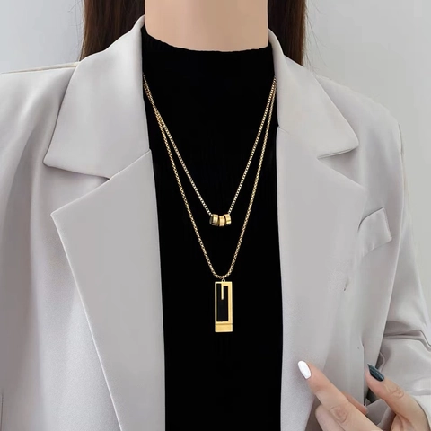 Zweilagige Edelstahl Halskette Für Damen Quadratischer Anhänger Geometrische Zylinderperlen Lange Pullover Kette Schmuck