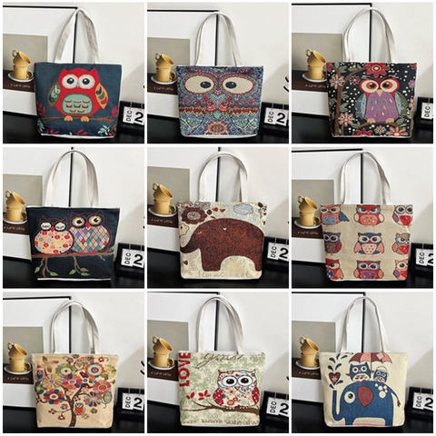Ethnic Embroidered Canvas Tote Bag Large Capacity Owl Elephant Pattern Handheld Shoulder Shopping Bag Women Retro