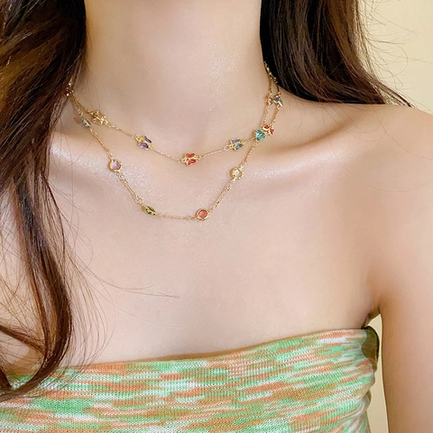 Kleurrijke Zirkoon Ketting Koper Vergulde Sleutelbeen Ketting Met Vlinder Hanger Esthetische Sieraden Voor Dames