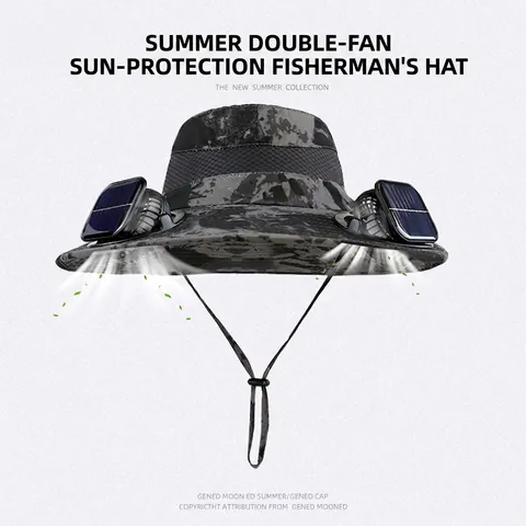 Solar Powered Dual Fan Bucket Hat Wide Brim Camouflage UV Protection Cooling Outdoor Fishing Hiking Breathable Polyester Cap