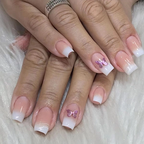 Press On Nails French Gradient Purple Butterfly Square Shape Artificial False Finger Nails Sweet Elegant Ins Style For Women