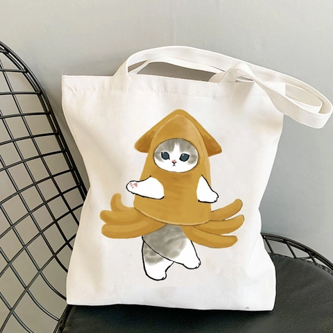Cute Cartoon Cat Print Canvas Tote Bag Reusable Shoulder Shopping Handbag For Women Girls Kawaii Eco Friendly Foldable