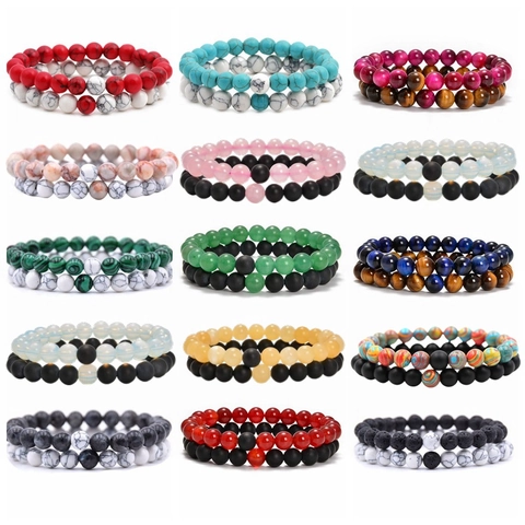 Natural Stone Beaded Bracelet Set Elastic Yoga Healing Stone Jewelry Round Agate Volcanic Tiger Eye Beads Bracelet For Women Men