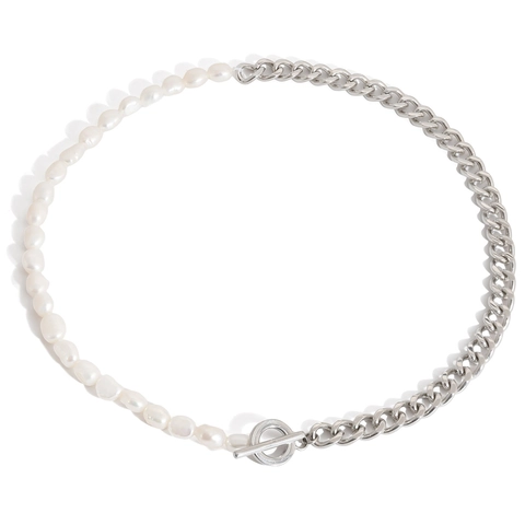 French Vintage Stainless Steel Artificial Pearl Stitching Necklace For Women Retro OT Buckle Cuban Chain Choker Jewelry