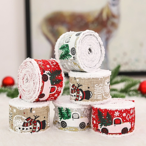 Weihnachtsband Dekoband Leinenoptik Mit Fransenrand Roter LKW Schneemann Druck Für Geschenkverpackung Festliche Dekoration