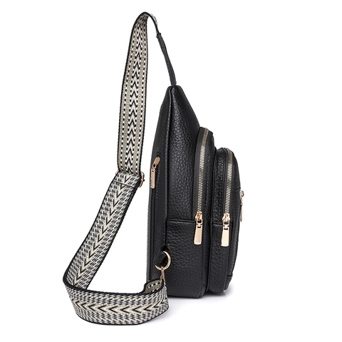 Sac Poitrine Femme Cuir PU Texture Litchi Poches Zippées Multiples Large Bandoulière Tissée Géométrique Trou Écouteurs