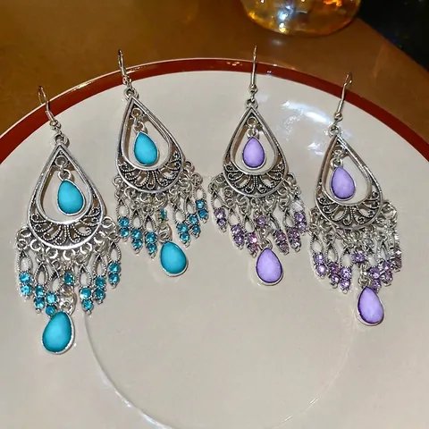 Bohemian Water Drop Tassel Earrings Vintage Ethnic Alloy Rhinestone Dangle Jewelry With Steel Earring Post For Women