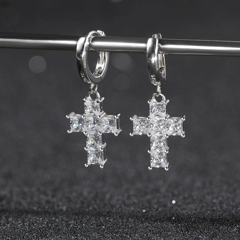 925 Sterling Silver Cross Drop Earrings Unisex Square Zirconia Inlaid Geometric Hoop Dangle Earrings Fashion Jewelry Gift