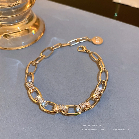 Golden Alloy Chain Link Bracelet Geometric Zircon Inlay Elegant Fashion Jewelry For Women Luxury Style