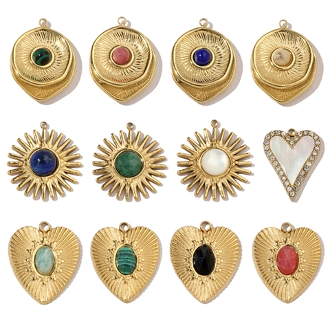 Vintage Heart Sunburst DIY Pendant Charm Stainless Steel Natural Stone Shell Rhinestone Bohemian Jewelry Making